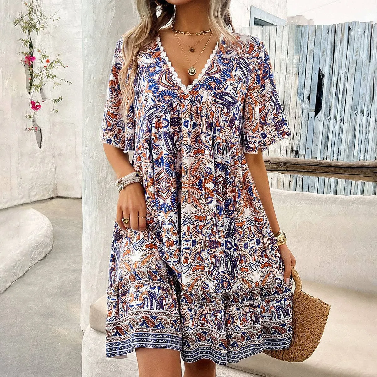 CASUAL HOLIDAY PRINT V-NECK DRESS_CWDSD3738