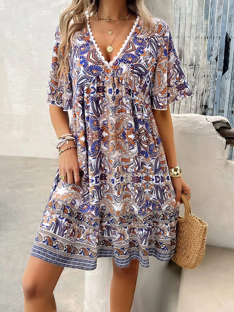 CASUAL HOLIDAY PRINT V-NECK DRESS_CWDSD3738