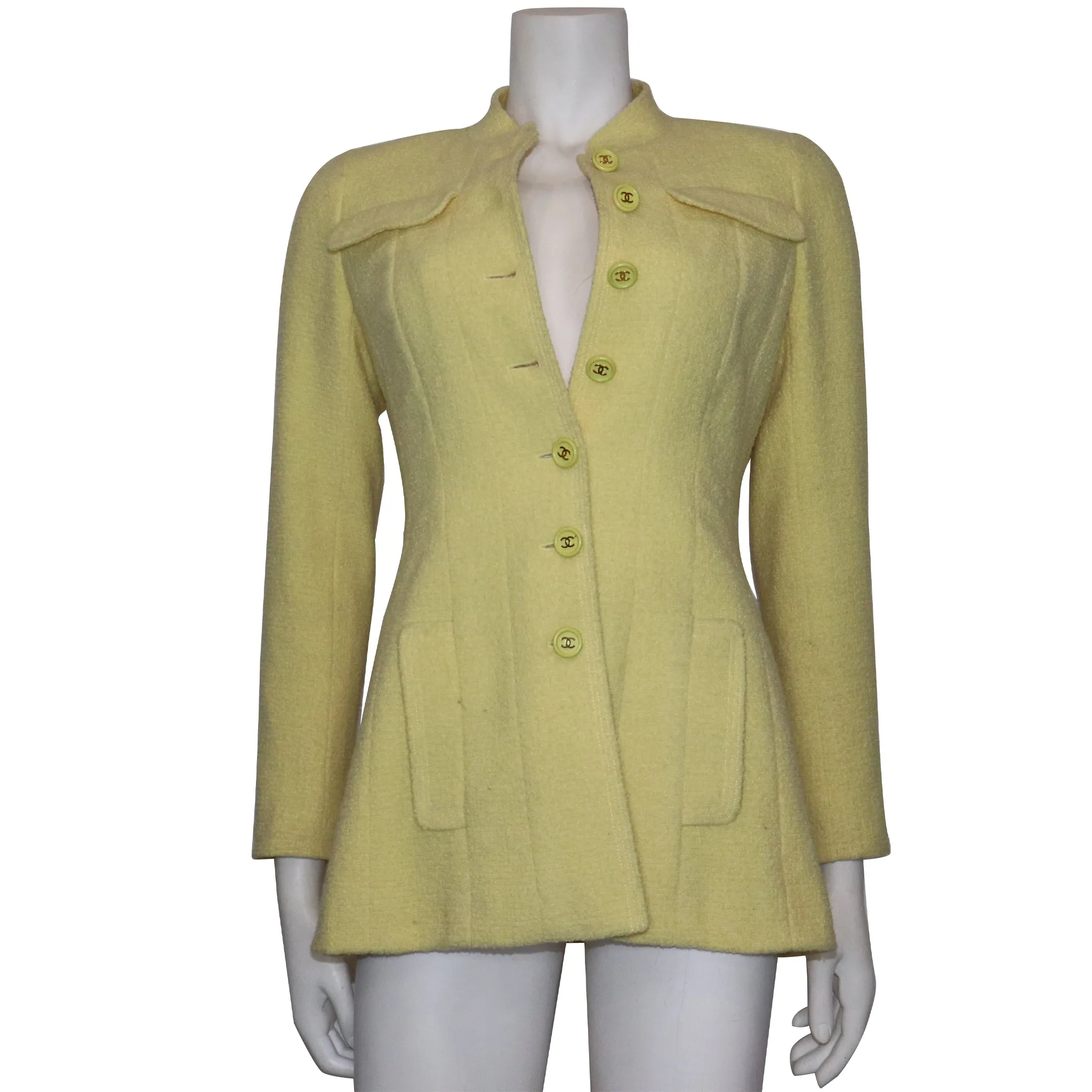 Chanel 2PC Yellow Skirt Suit w/ Mandarin Collar Circa 1990s