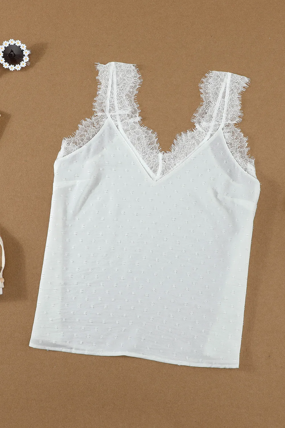 Chic White Eyelash V Neck Cami Tank Top