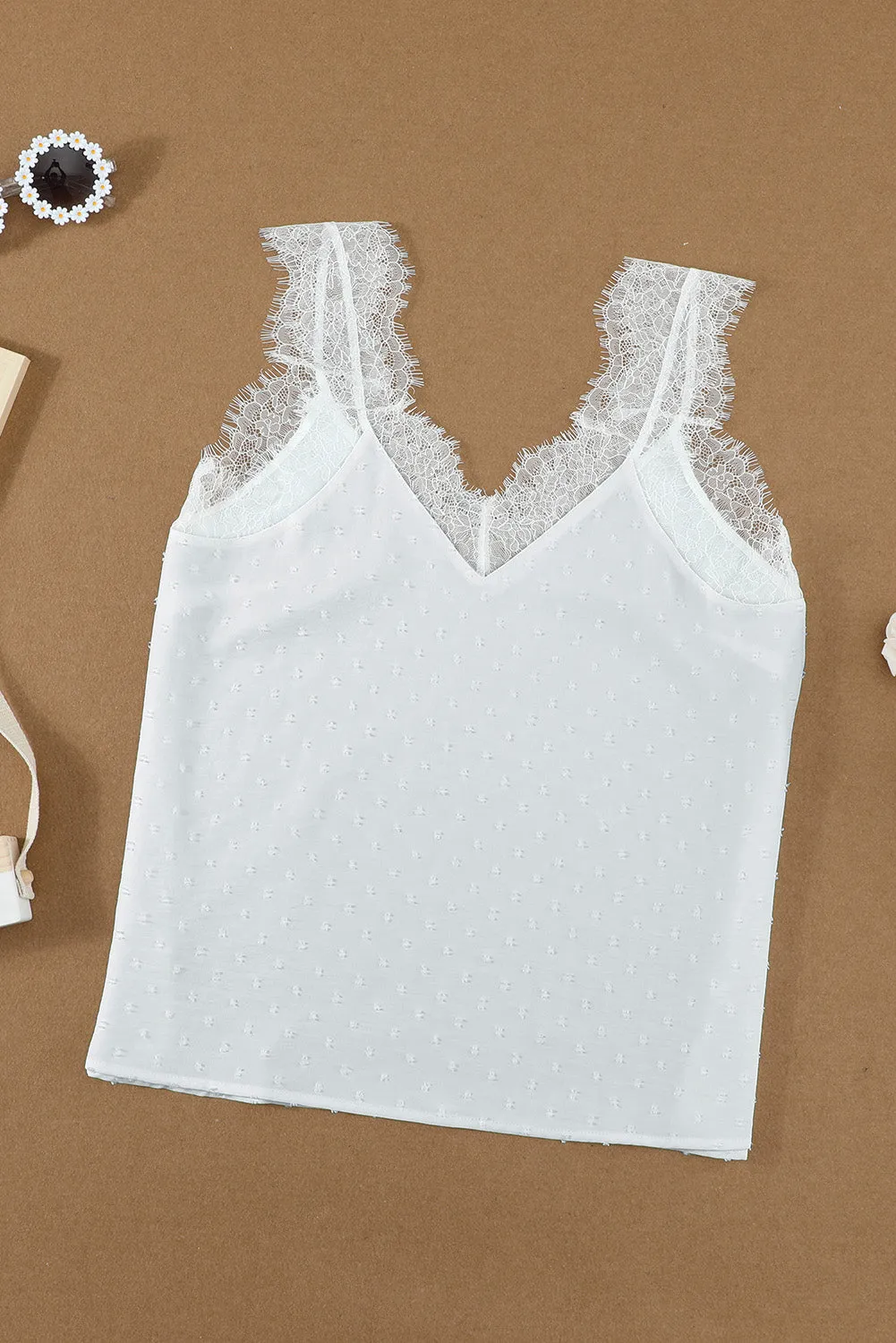 Chic White Eyelash V Neck Cami Tank Top