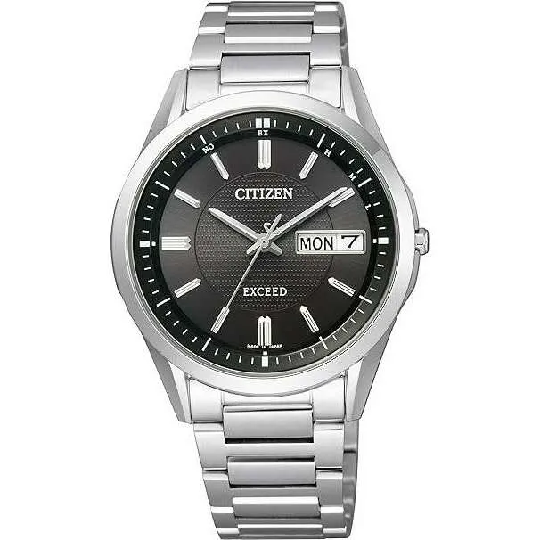 CITIZEN EXCEED ECO-DRIVE RADIO CONTROLLED DAY-DATE MODEL SILVER & BLACK MEN WATCH AT6030-51E