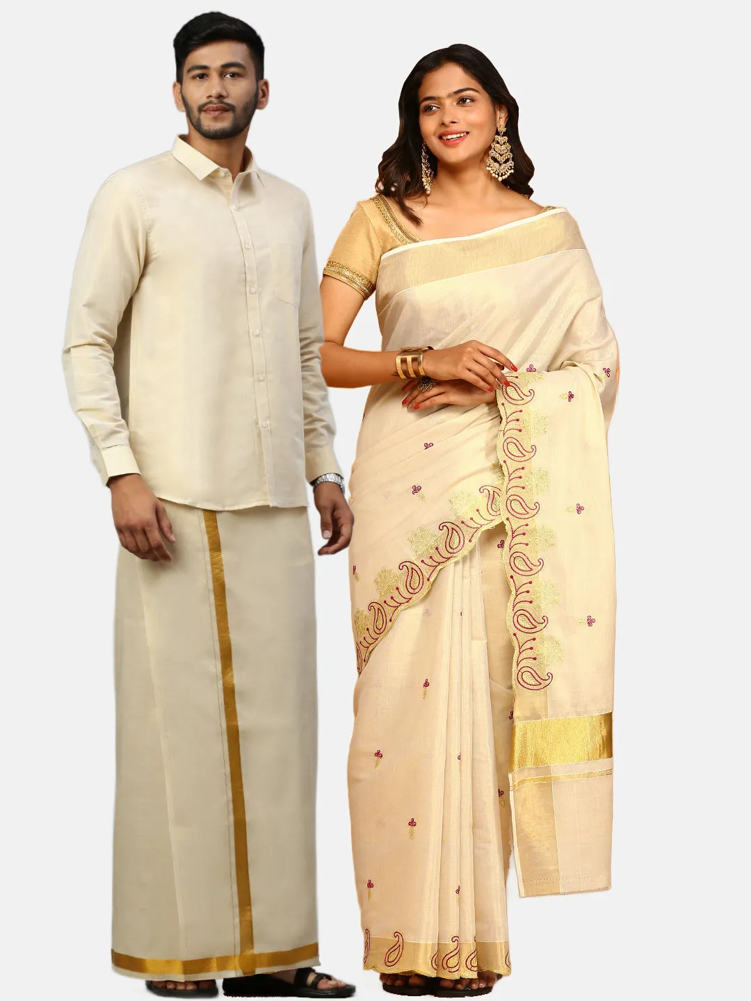 Couple Combo Full Sleeves Shirt Dhoti & Saree Set Tissue Gold KS124