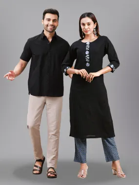 Couple Combo Half Sleeves Shirt & Kurti Set Black EKS01