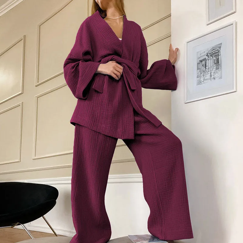 Cozy Long Sleeve Belted Robe High Rise Wide Leg Cotton Gauze Lounge Set