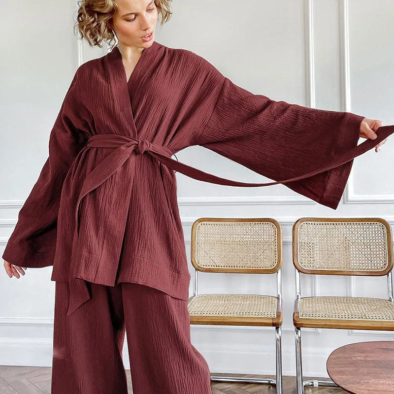 Cozy Long Sleeve Belted Robe High Rise Wide Leg Cotton Gauze Lounge Set