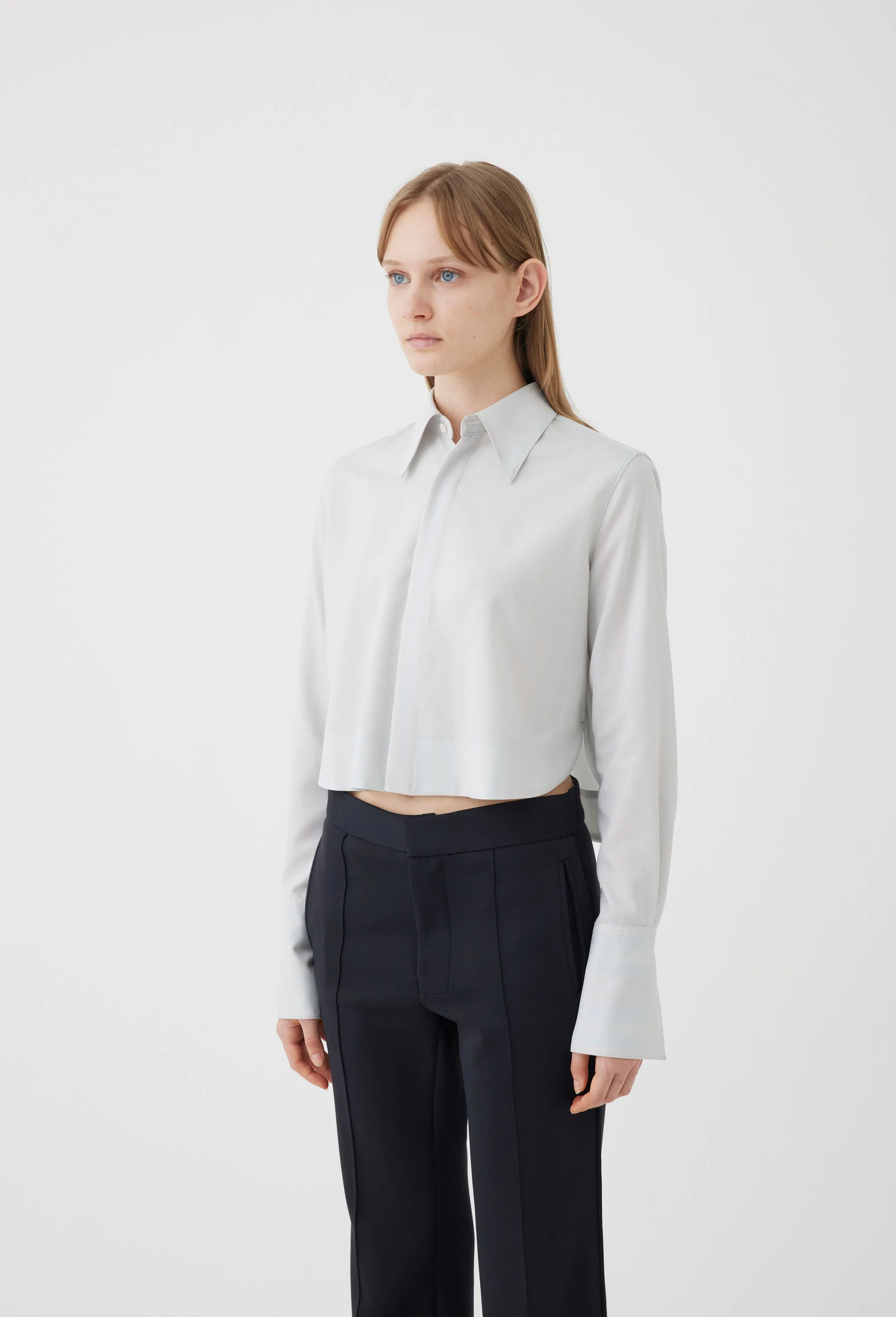 Cropped Wool Shirt in Blue Stripe