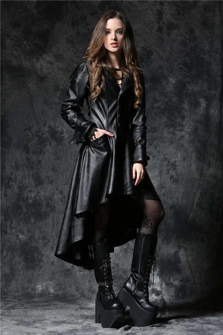 DARK IN LOVE Gothic long coat leather cocktail robe jacket with eyelets cap JW096