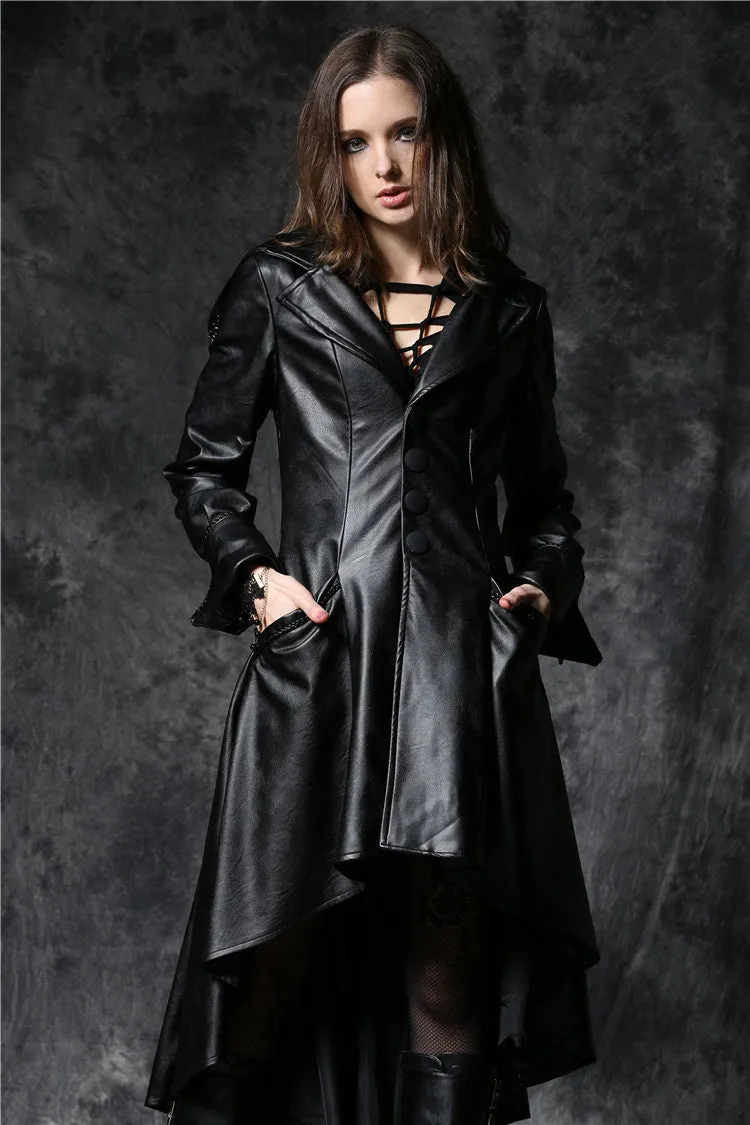 DARK IN LOVE Gothic long coat leather cocktail robe jacket with eyelets cap JW096