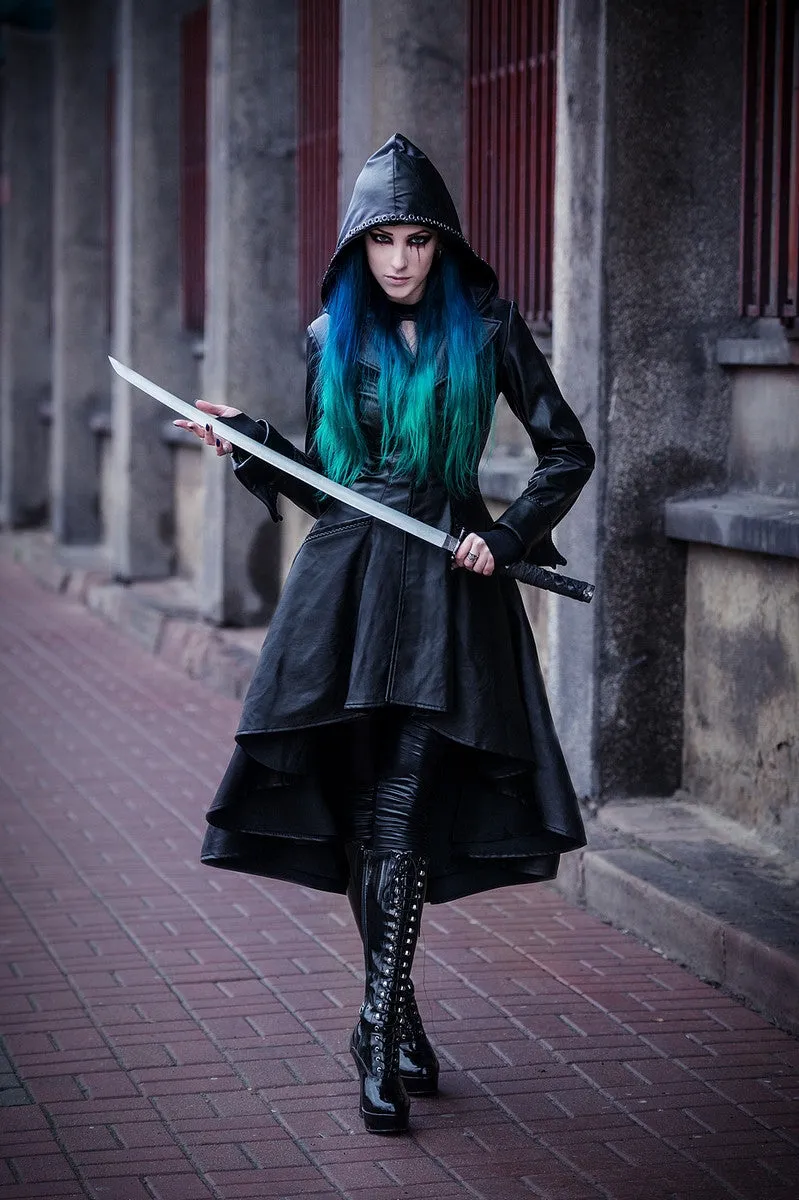 DARK IN LOVE Gothic long coat leather cocktail robe jacket with eyelets cap JW096