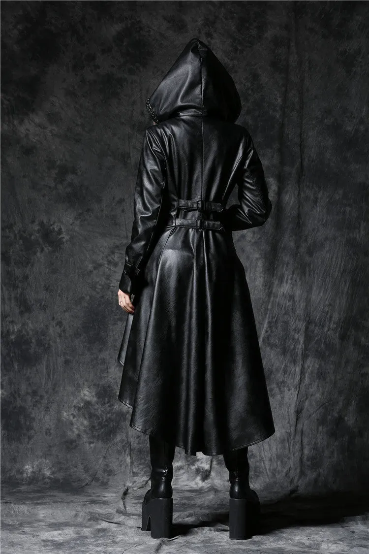 DARK IN LOVE Gothic long coat leather cocktail robe jacket with eyelets cap JW096