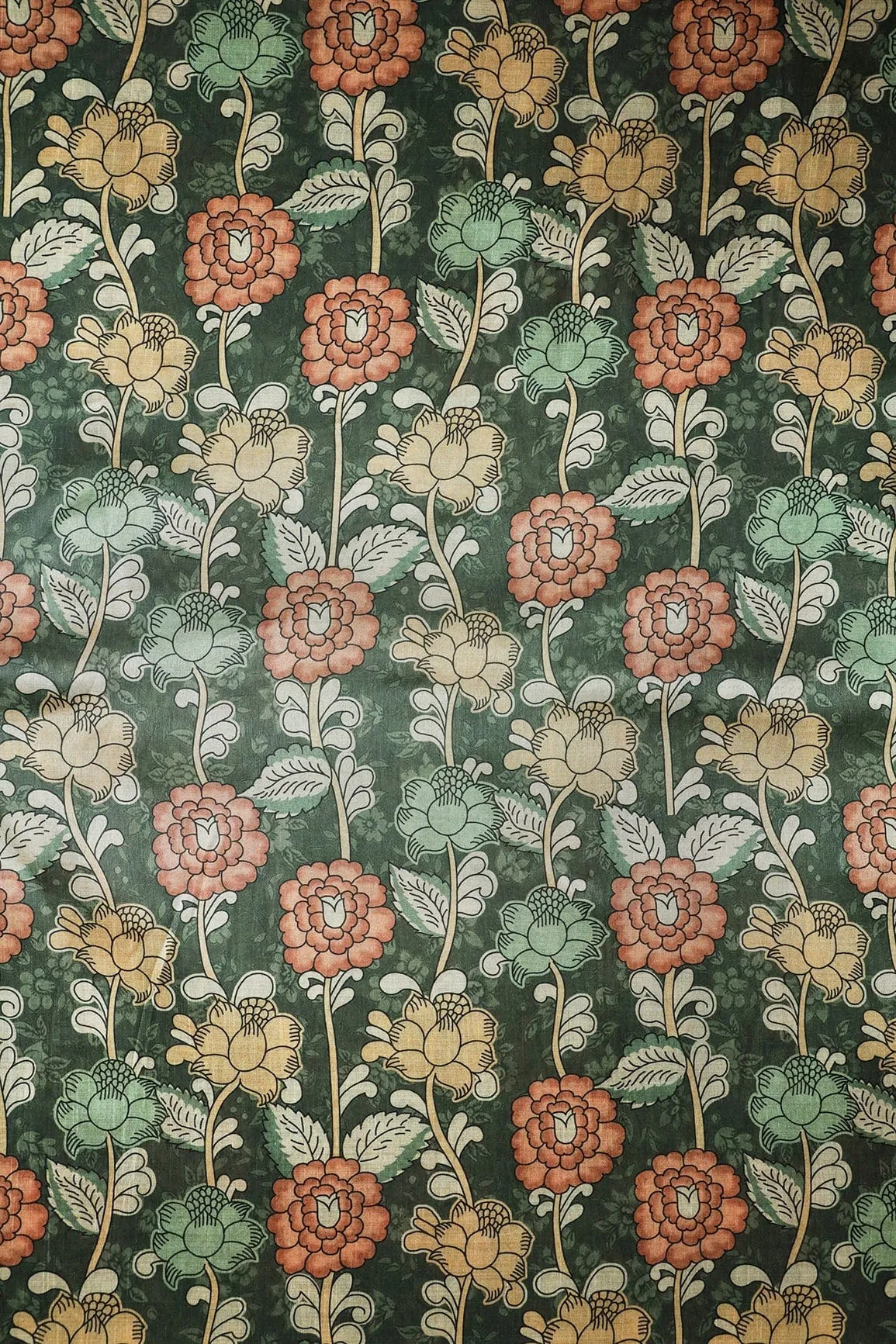 Dark Olive And Brown Floral Pattern Digital Print On Mulberry Silk Fabric