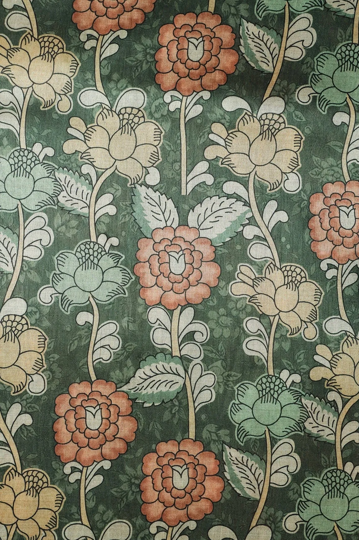 Dark Olive And Brown Floral Pattern Digital Print On Mulberry Silk Fabric