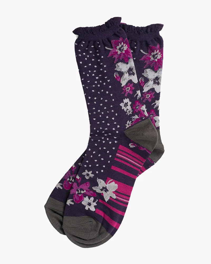 Debby Co., Crew Socks, Maison Blanche Collection, Dark Purple with Pink Shima and Flowers