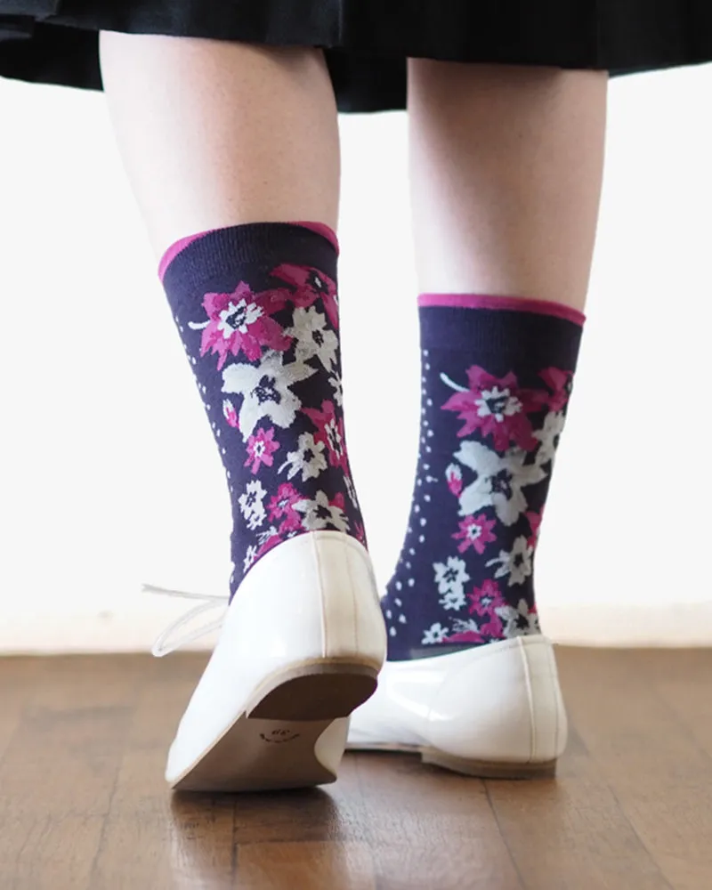 Debby Co., Crew Socks, Maison Blanche Collection, Dark Purple with Pink Shima and Flowers