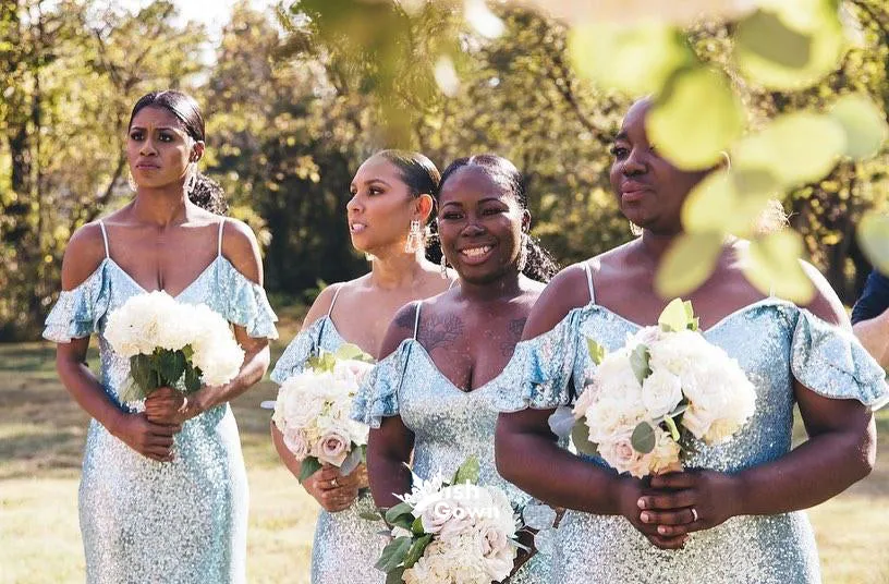 Dusty Blue Sequin Off Shoulder Spaghetti Straps Mermaid Bridesmaid Dresses, WGM049