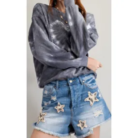 EASEL Distressed Denim Shorts with Star Appliquéd EB41047