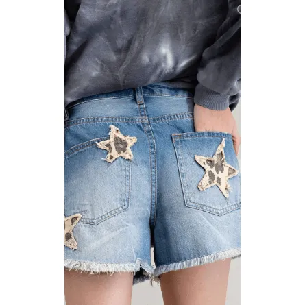 EASEL Distressed Denim Shorts with Star Appliquéd EB41047