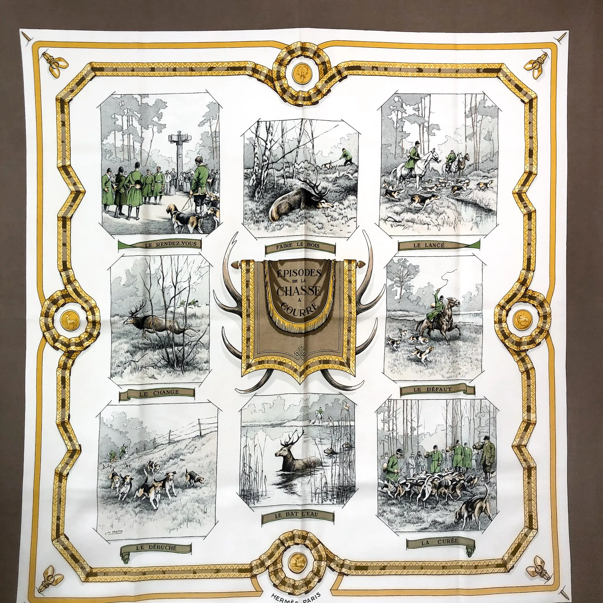 Episodes de la Chasse à Courre Hermes Scarf By Charles-Jean Hallo 90 cm Silk | VERY RARE