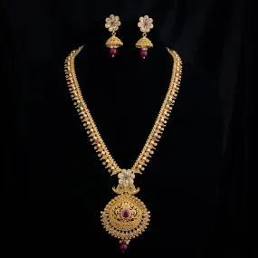 Exceptional Long Antique Matte Gold Necklace Set with LCD stones