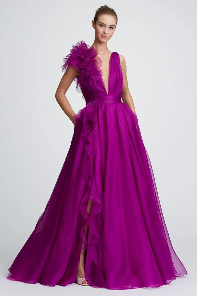 Extravagance Purple Ruffled Evening Dress