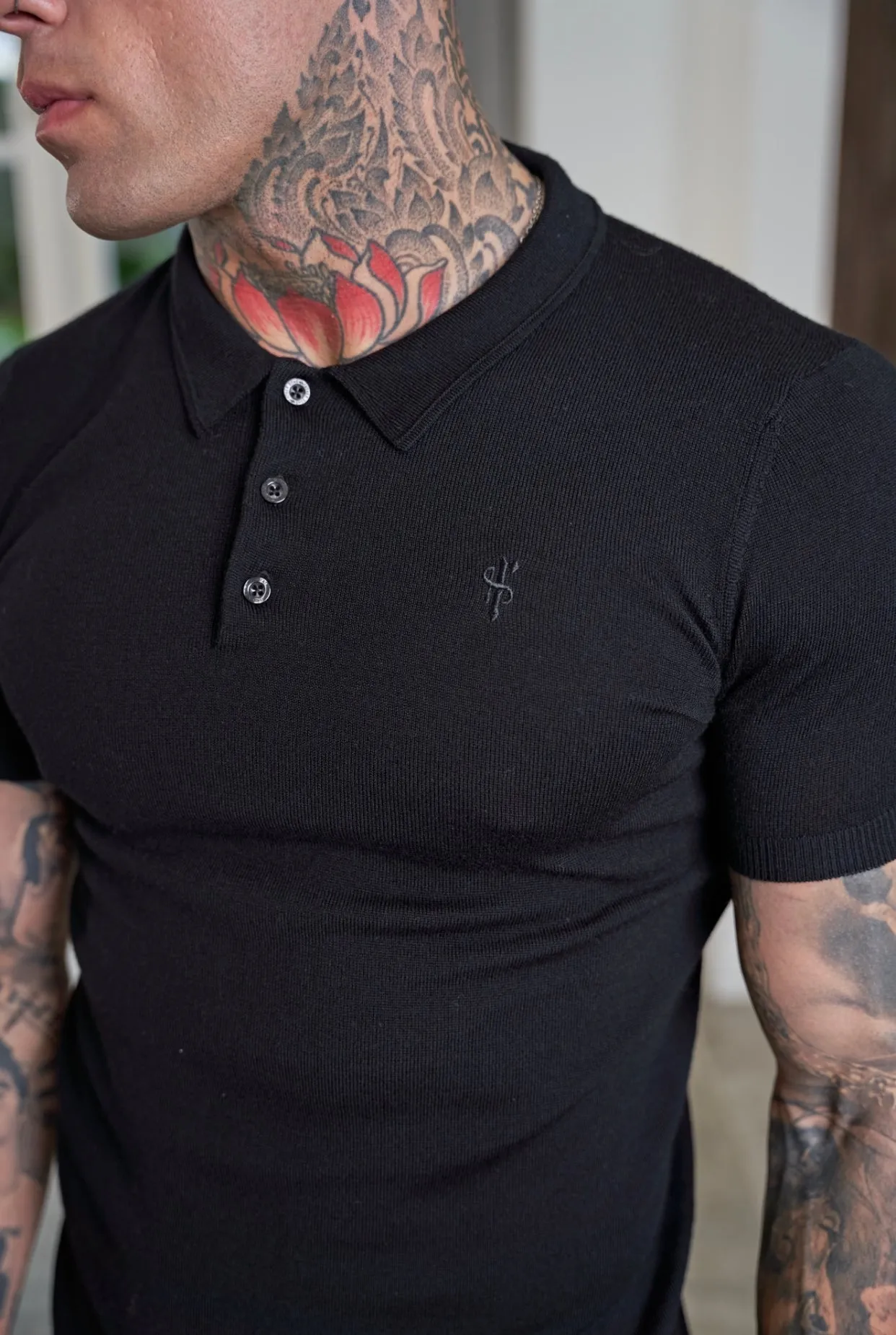 Father Sons Classic Black Merino Wool Knitted Polo Sweater Short Sleeve With FS Embroidery- FSN022