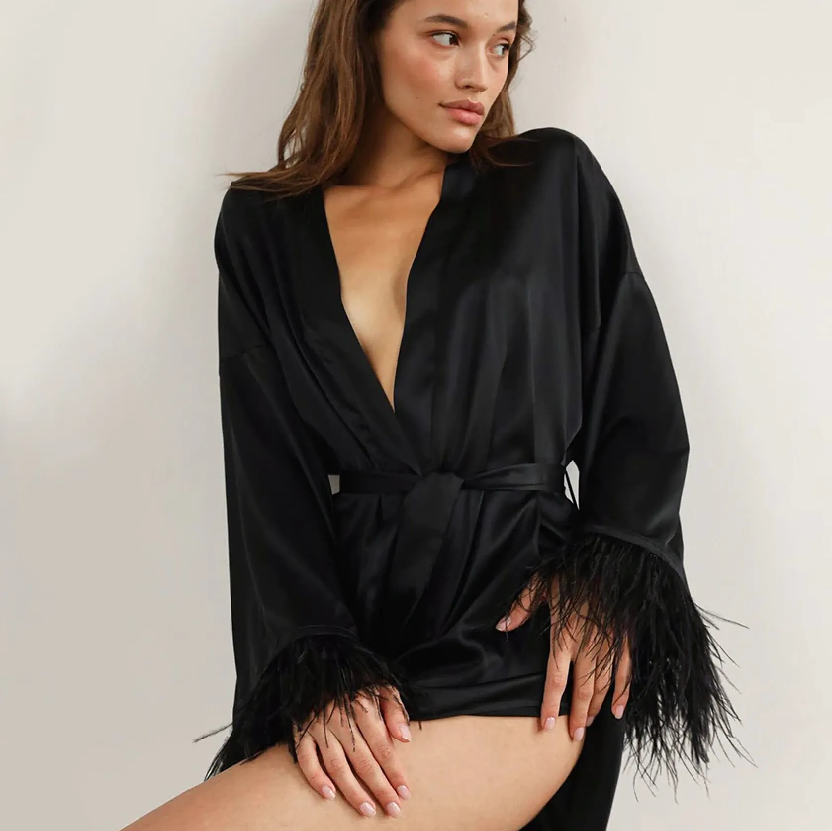 FEATHER TRIM SATIN ROBE