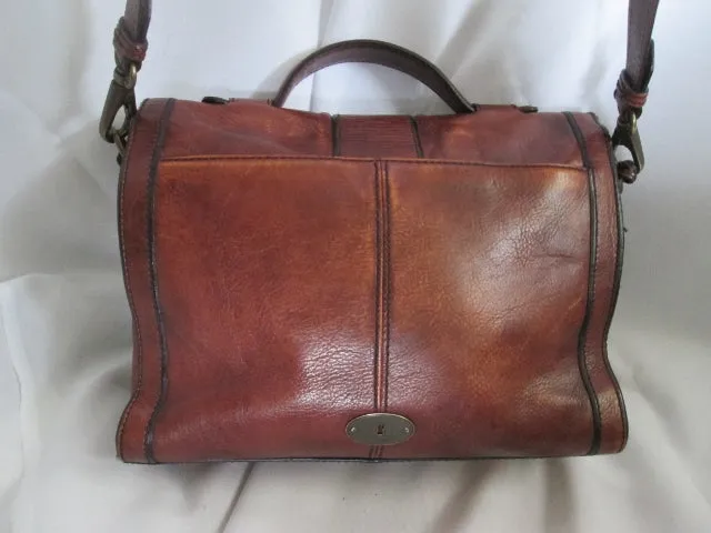 FOSSIL VINTAGE leather messenger crossbody shoulder flap hobo bag BROWN KEY M