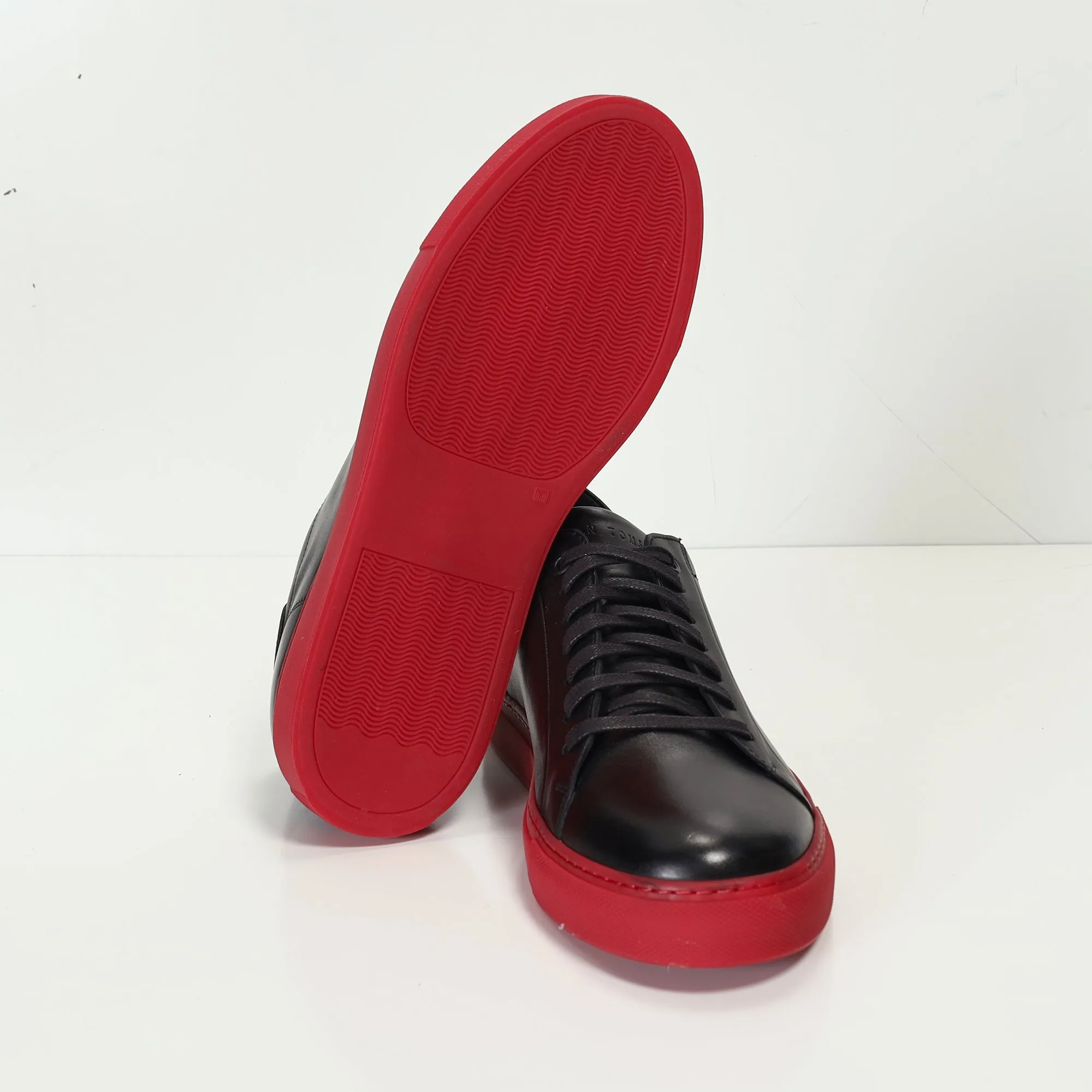 Genuine Leather Court Sneakers - Black Red