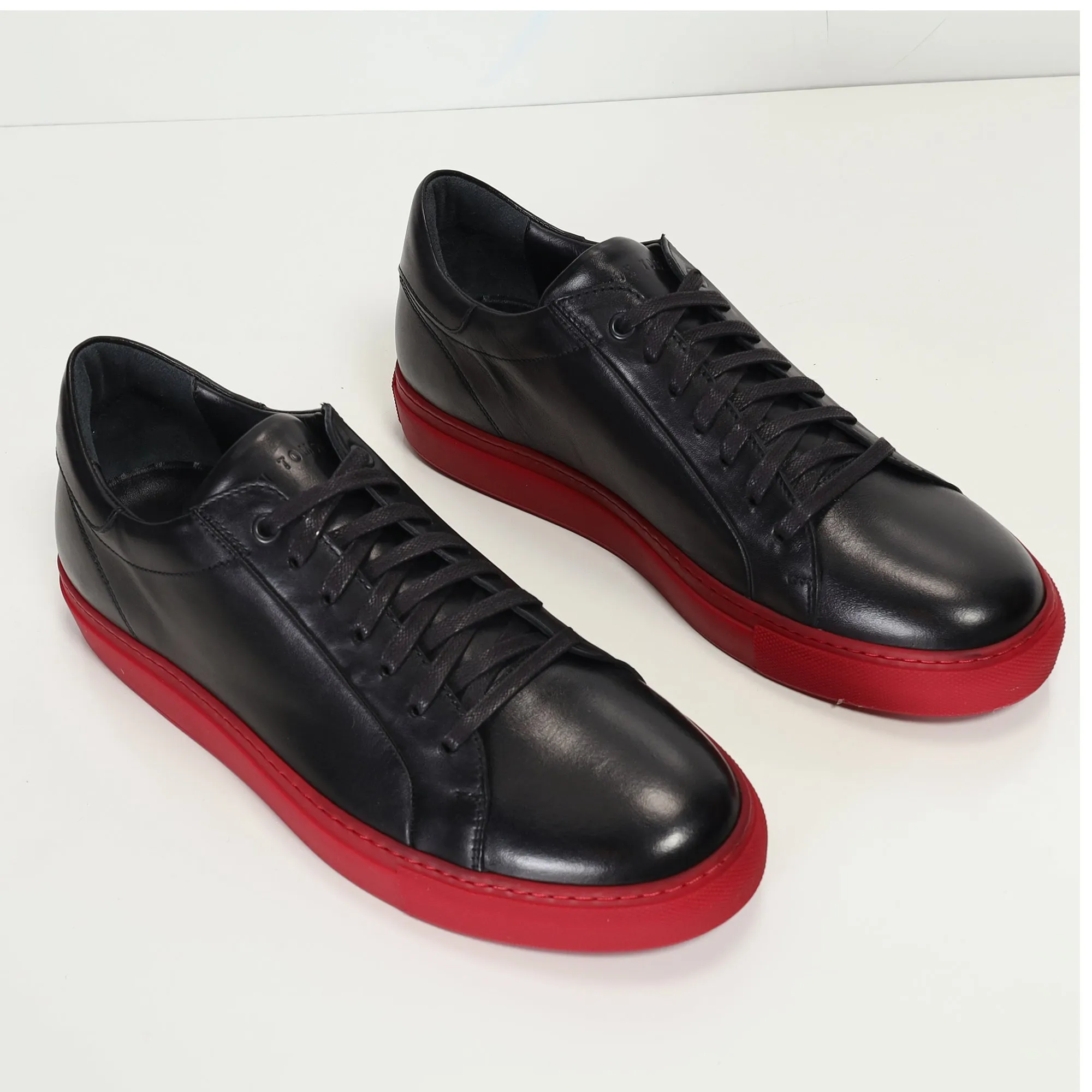 Genuine Leather Court Sneakers - Black Red