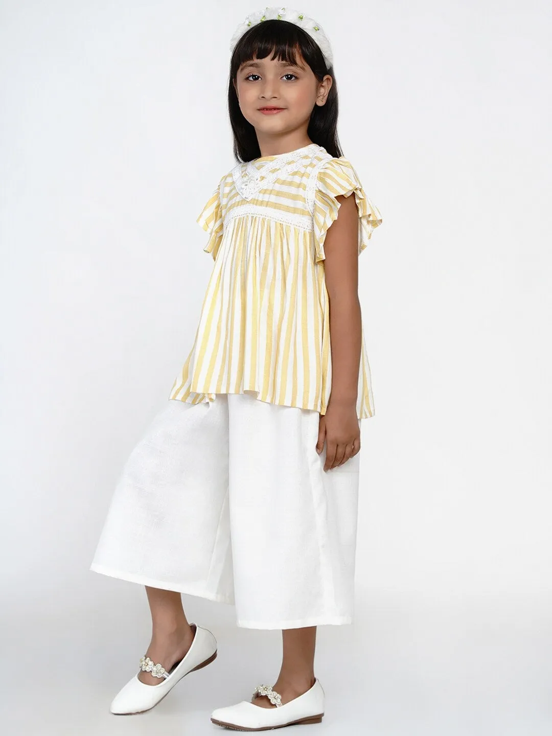 Girls Yellow & Off-White Striped Top With Capris