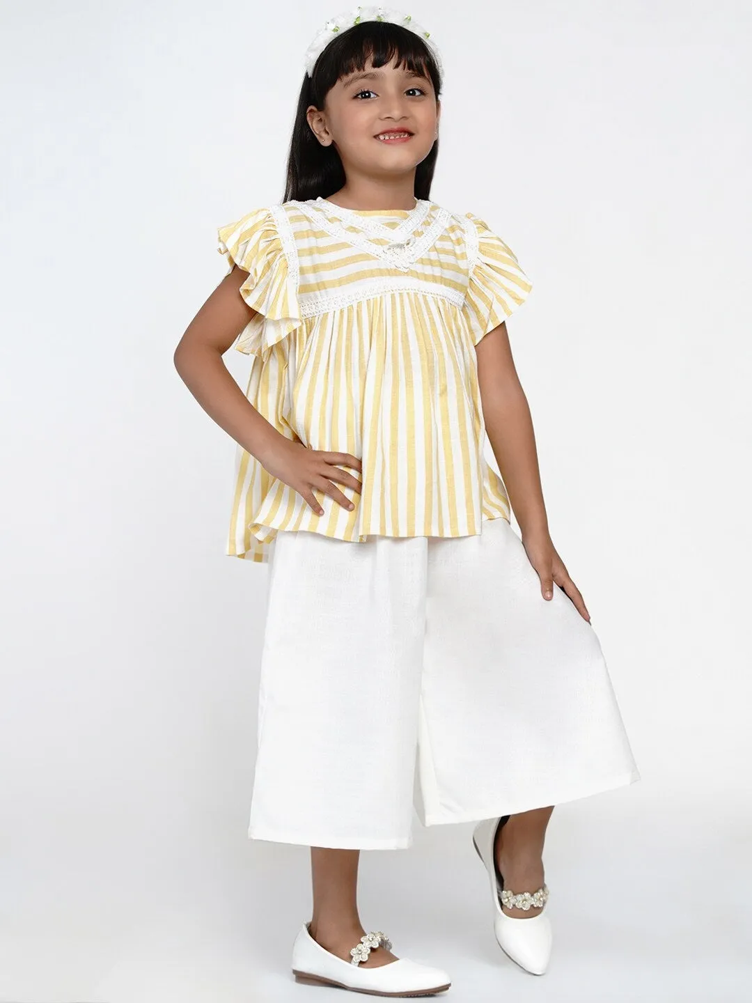 Girls Yellow & Off-White Striped Top With Capris