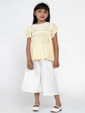 Girls Yellow & Off-White Striped Top With Capris