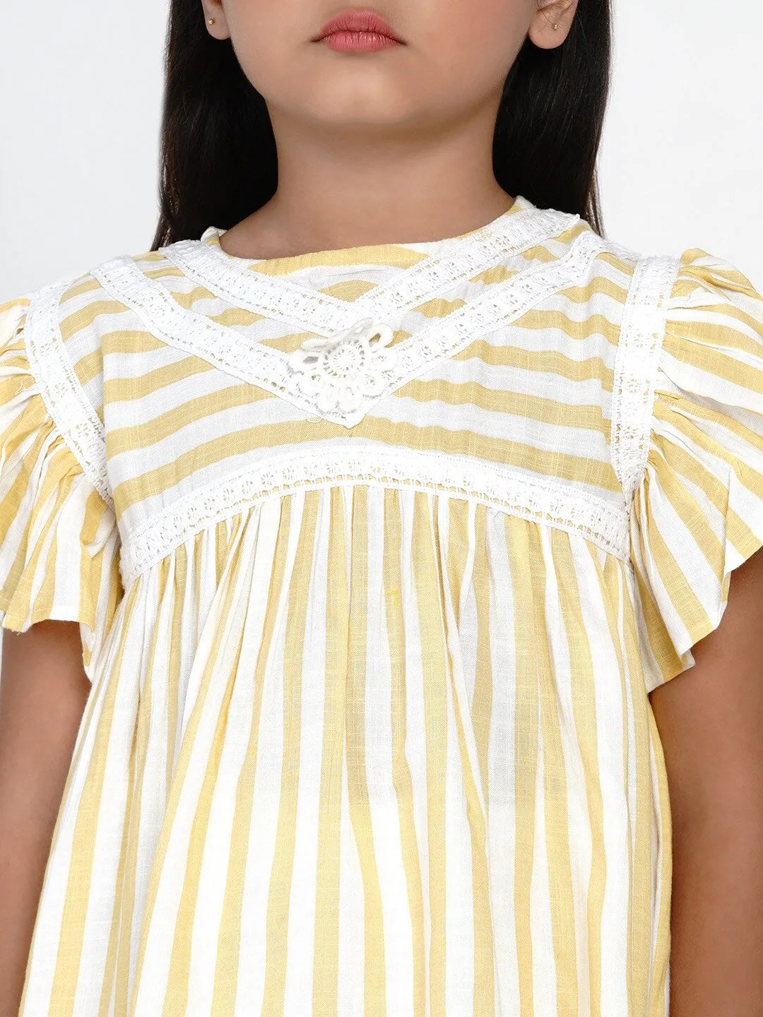 Girls Yellow & Off-White Striped Top With Capris