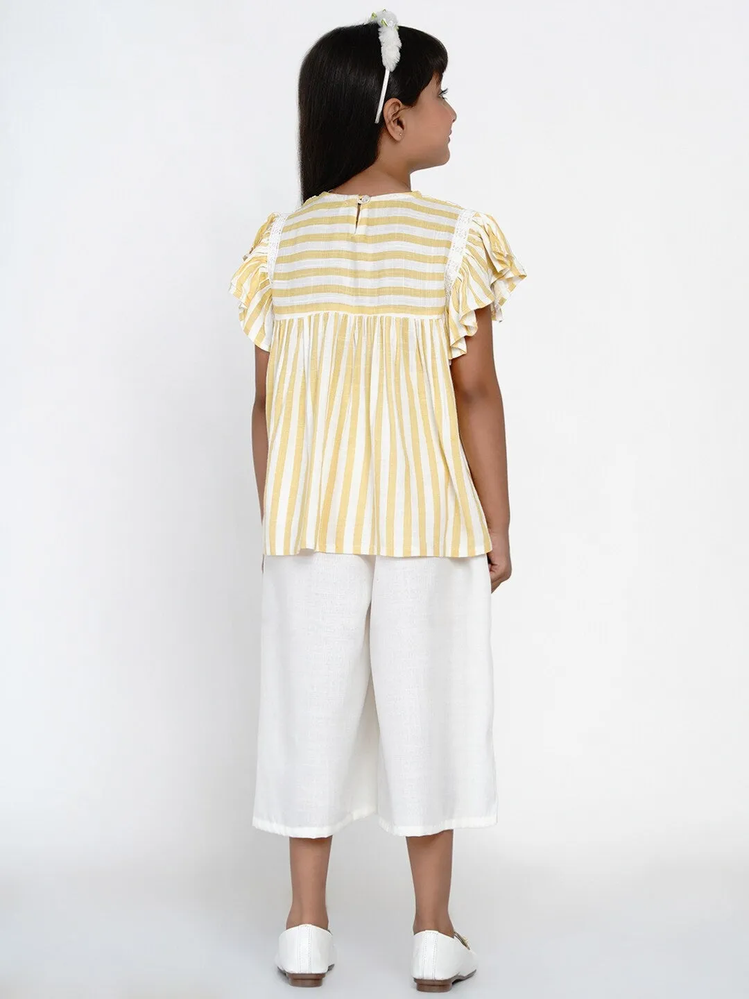 Girls Yellow & Off-White Striped Top With Capris