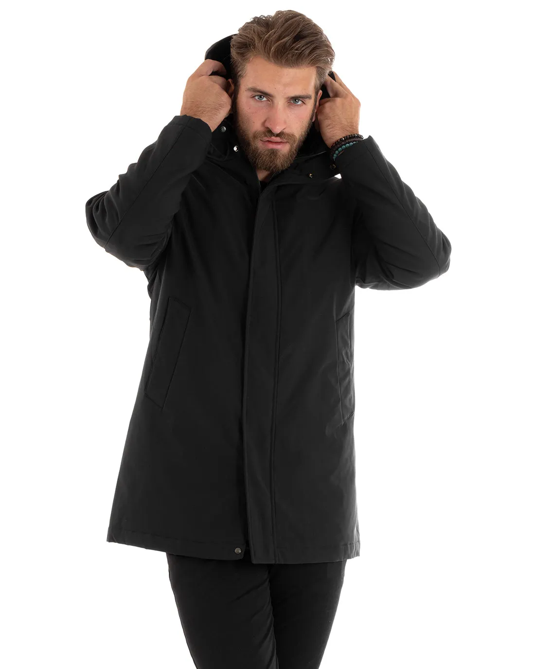 Giubbotto Uomo Trench Impermeabile Tessuto Tecnico Giaccone Lungo Imbottito Cappuccio Nero GIOSAL-G3091A