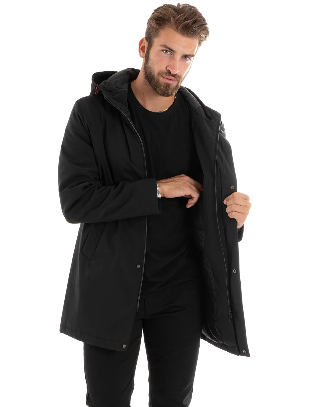 Giubbotto Uomo Trench Impermeabile Tessuto Tecnico Giaccone Lungo Imbottito Cappuccio Nero GIOSAL-G3091A