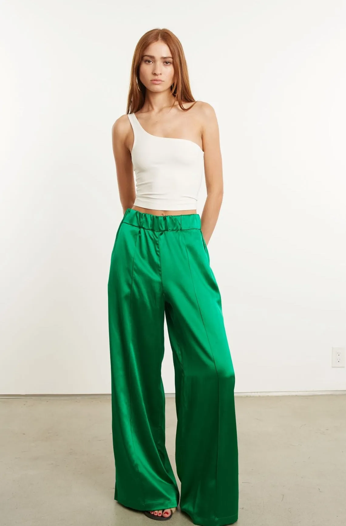 Green Silk Wide Leg Pintuck Pants