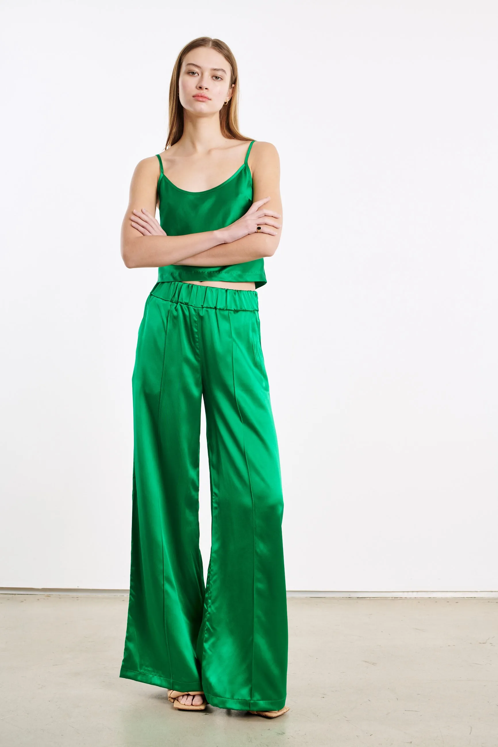 Green Silk Wide Leg Pintuck Pants