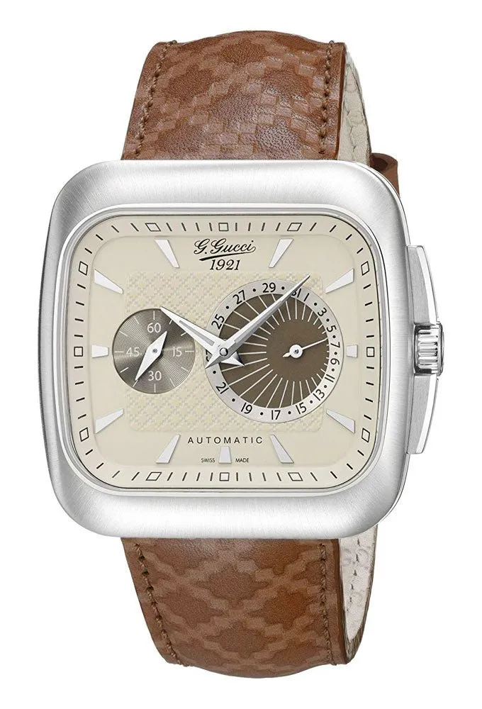 Gucci G-Coupe Special Edition Automatic Stainless Steel YA131307 Cream Dial Date Brown Leather Strap Mens Watch