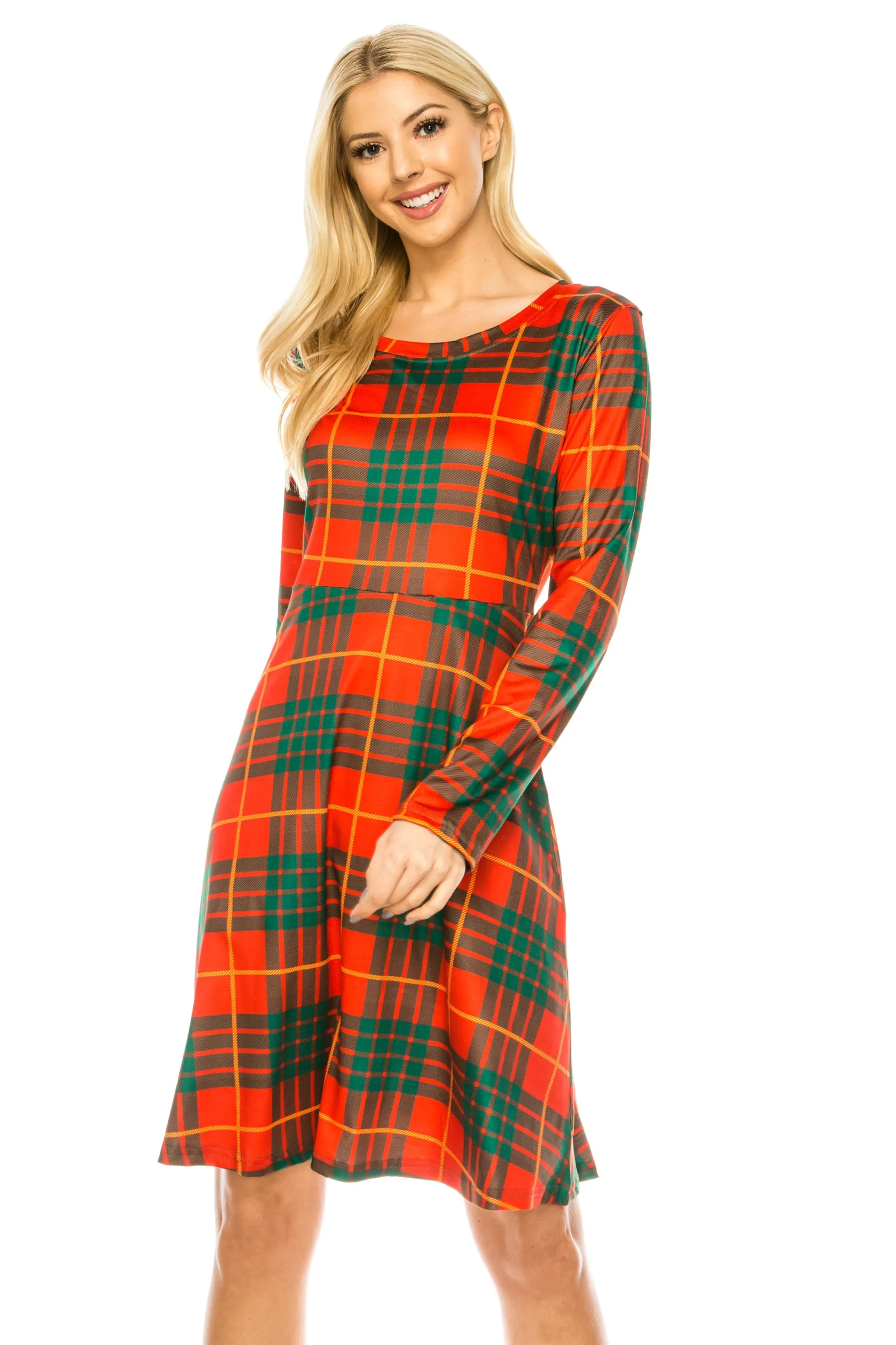 Haute Edition Women's Christmas Plaid & Solid Holiday Long Sleeve Skater Party Dress