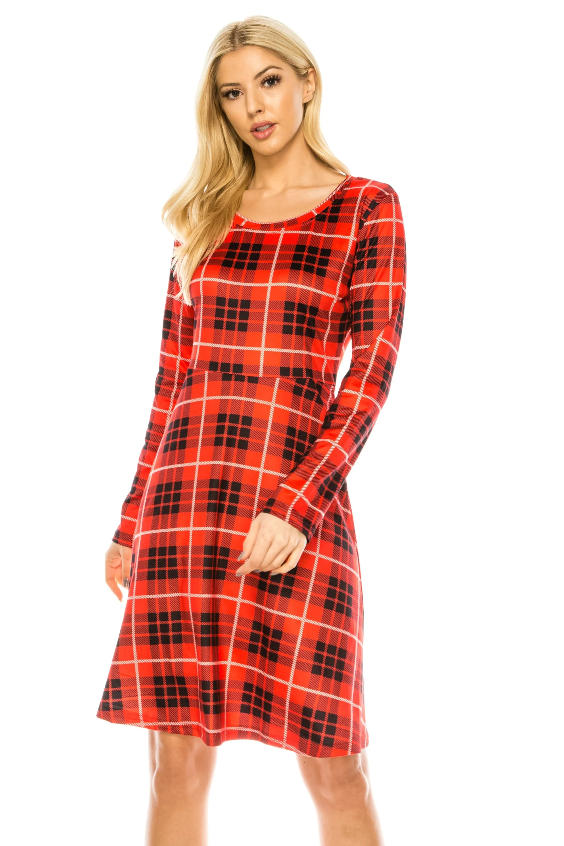 Haute Edition Women's Christmas Plaid & Solid Holiday Long Sleeve Skater Party Dress