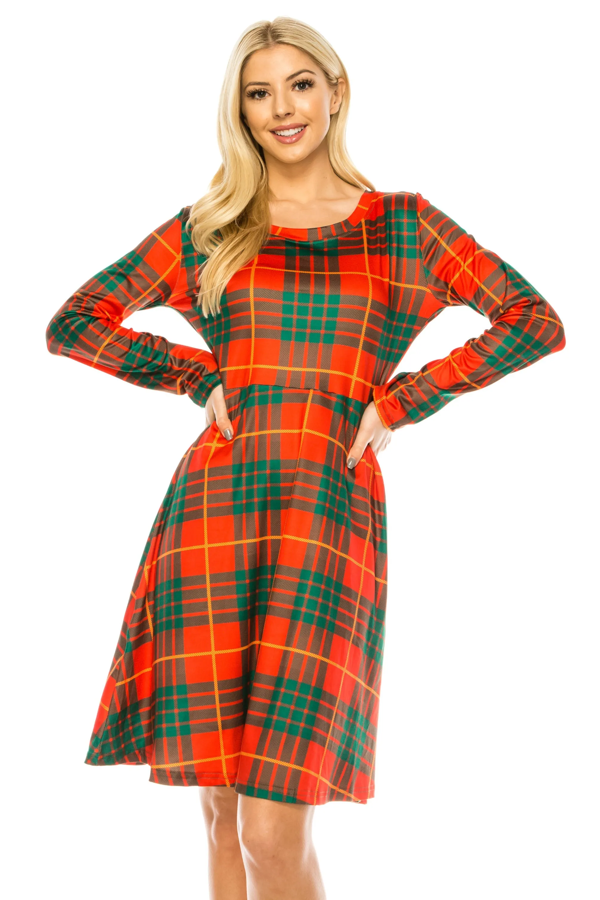 Haute Edition Women's Christmas Plaid & Solid Holiday Long Sleeve Skater Party Dress