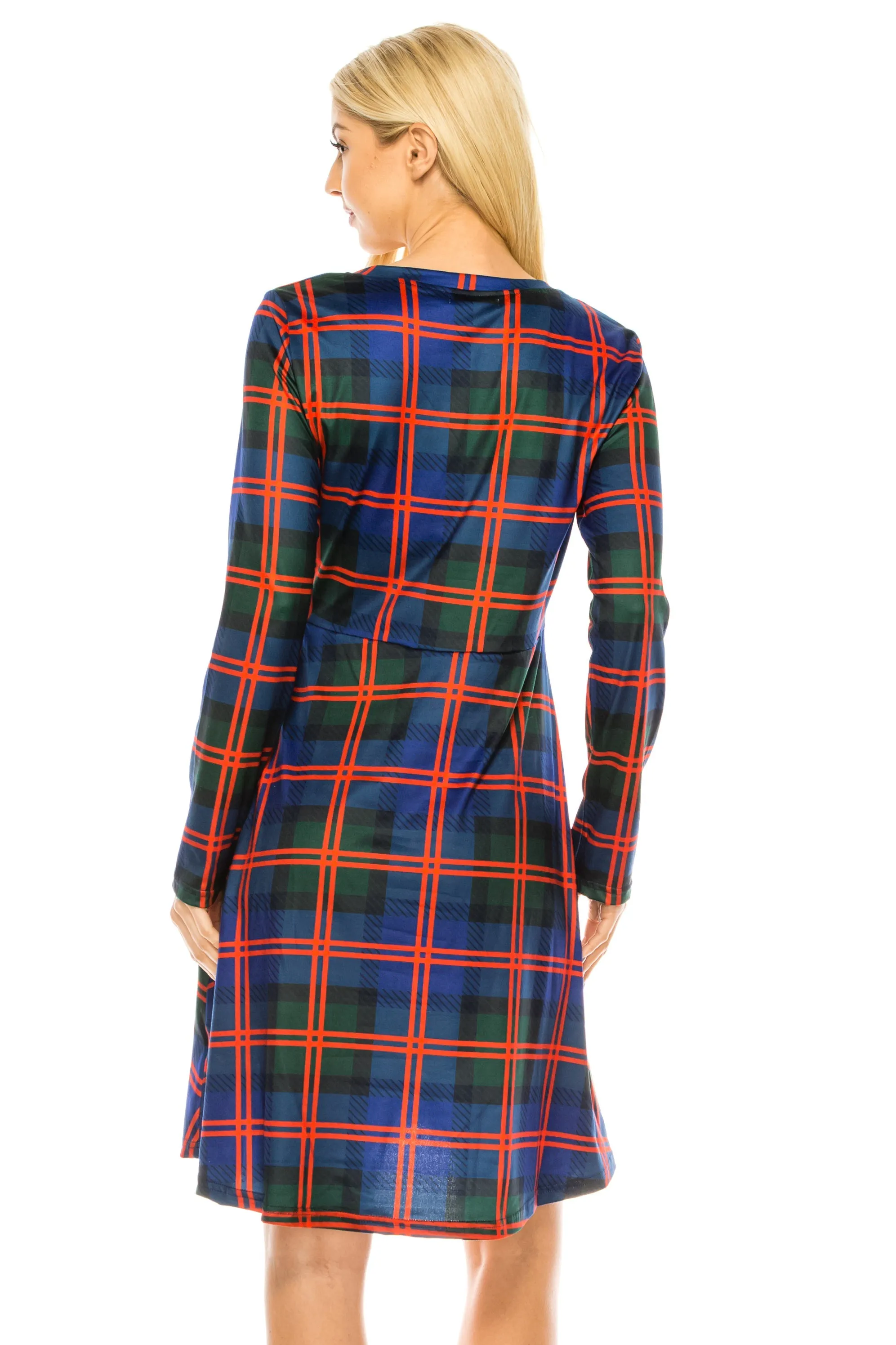 Haute Edition Women's Christmas Plaid & Solid Holiday Long Sleeve Skater Party Dress