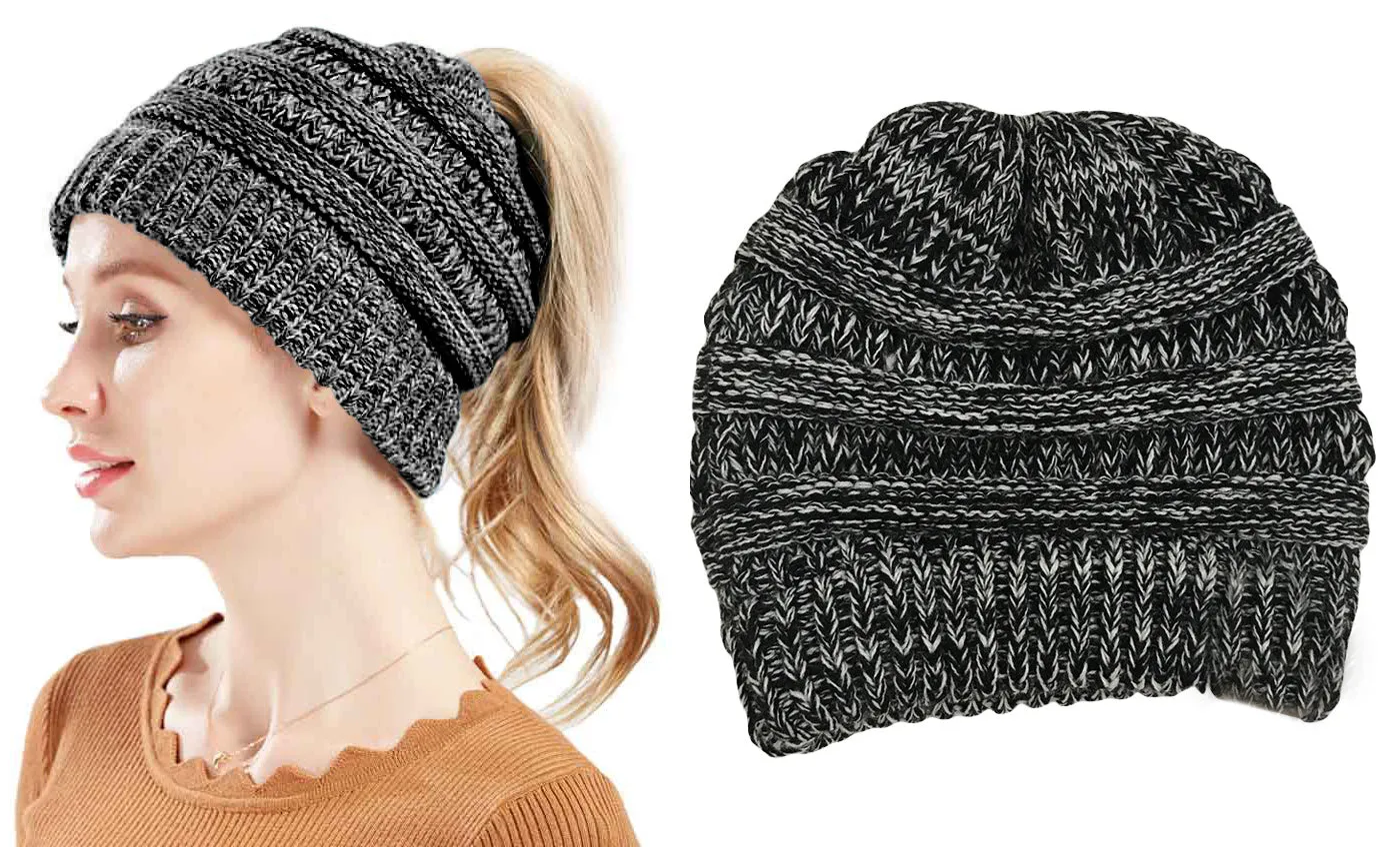 Haute Edition Women's Ponytail Messy Bun Textured Knit Beanie