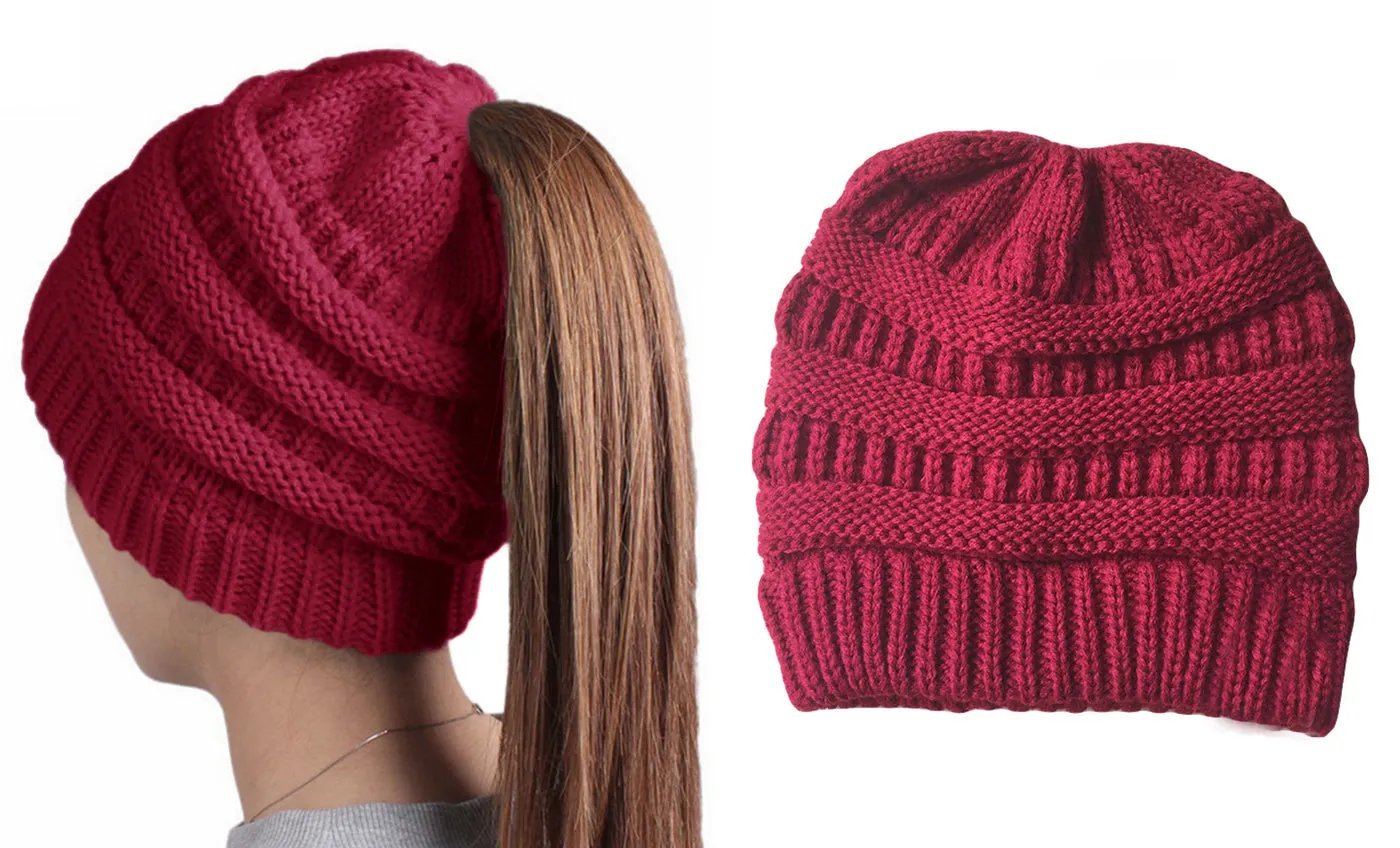 Haute Edition Women's Ponytail Messy Bun Textured Knit Beanie