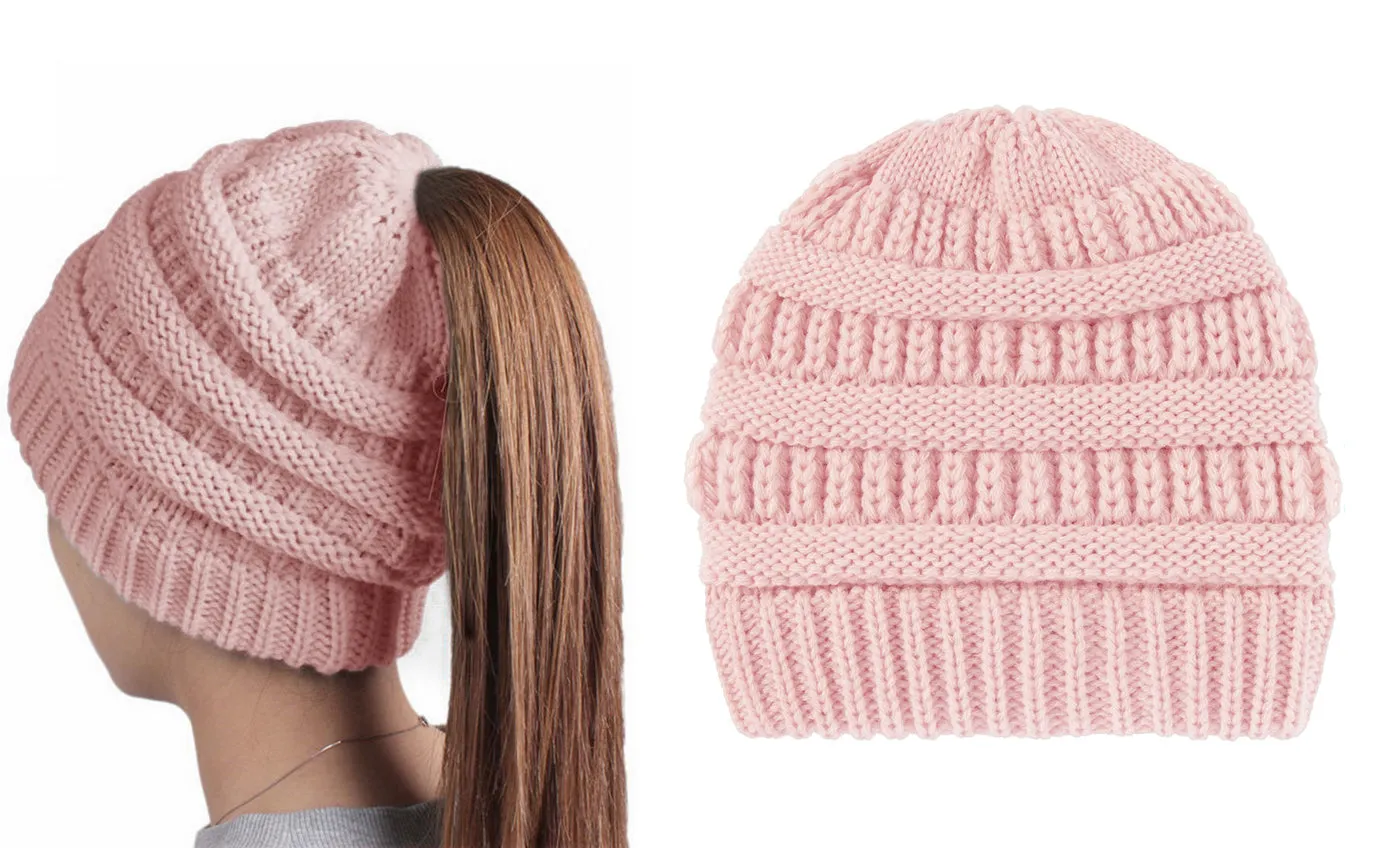 Haute Edition Women's Ponytail Messy Bun Textured Knit Beanie