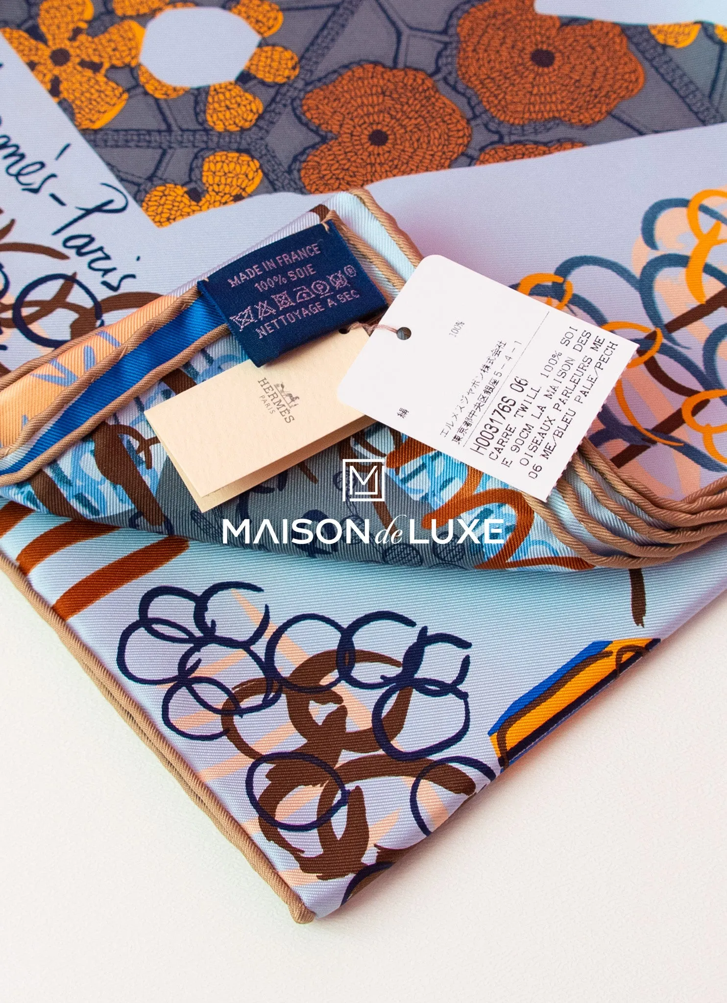 Hermes "La Maison des Oiseaux Parleurs" Blue Twill Silk 90 cm Scarf