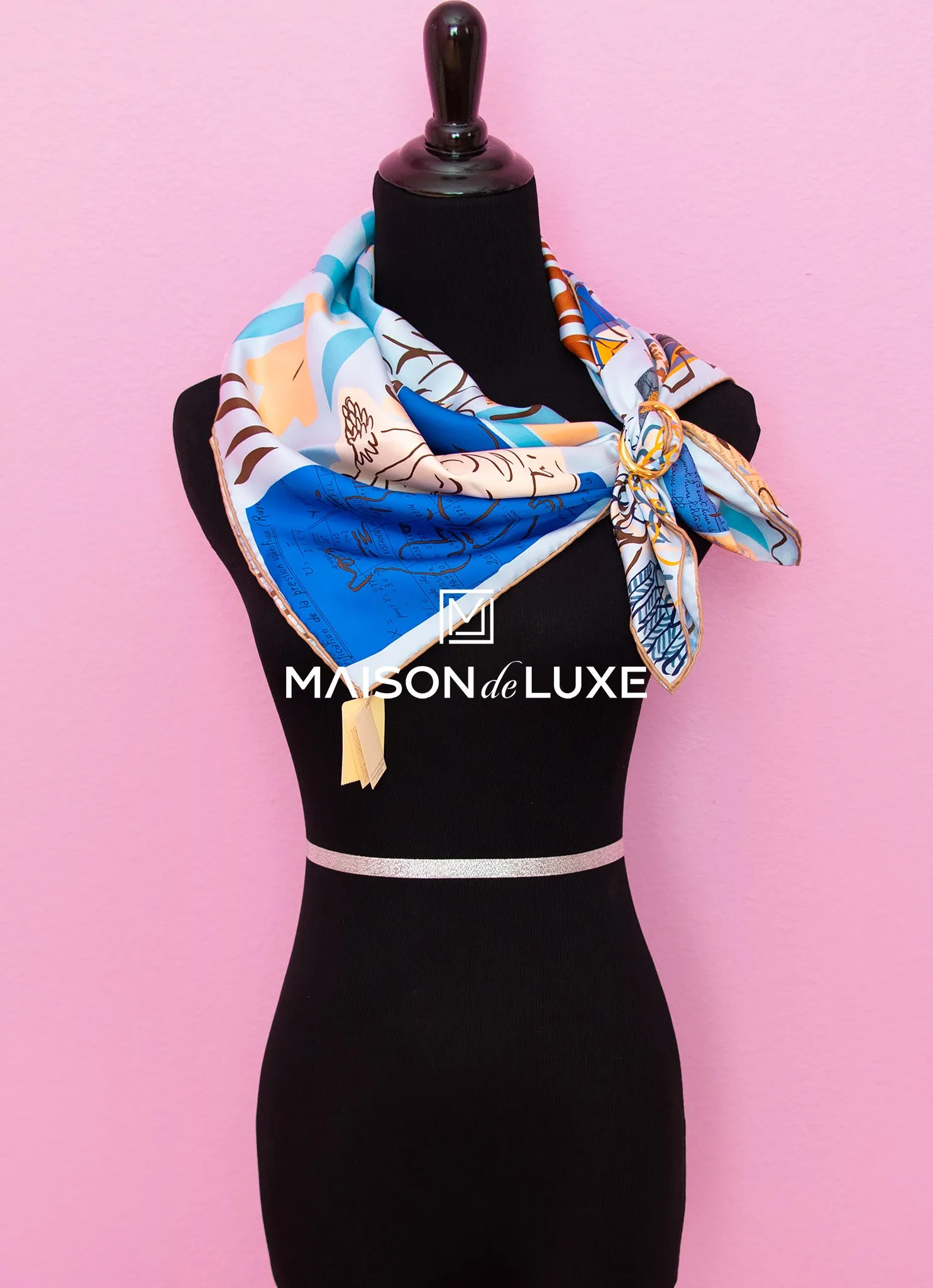 Hermes "La Maison des Oiseaux Parleurs" Blue Twill Silk 90 cm Scarf