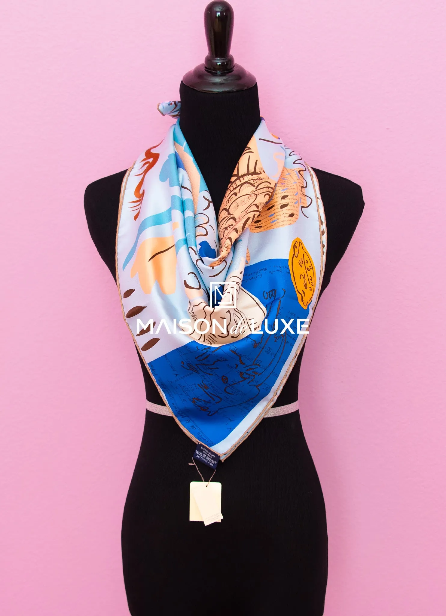 Hermes "La Maison des Oiseaux Parleurs" Blue Twill Silk 90 cm Scarf